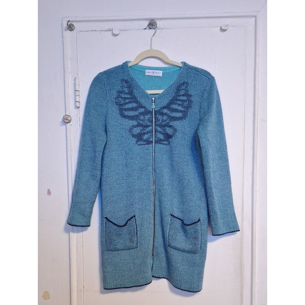 Anne Marie Teal, Turquoise Zip-Front Knit Cardigan